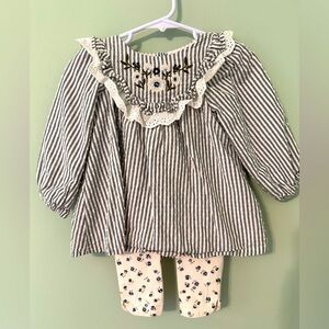 Striped Baby Shirt with Floral Embroidery and Floral Pants